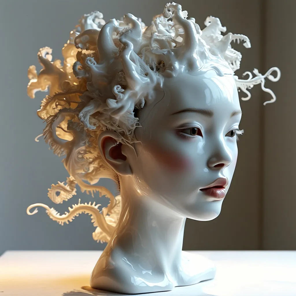 Prompt: Full head and shoulders, beautiful female latex porcelain
sculpture by daniel arsham and james jean, smooth, 
all white features on a white background, liminal space, eerie, delicate 
facial features, white eyes, white lashes, detailed 
tangled white coral and tentacles on the head, 
volumetric lighting
source