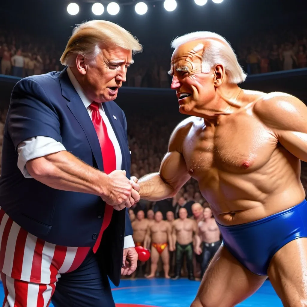 Prompt: Pixar disney style joe biden oil wrestling match vs evil Donald Trump 