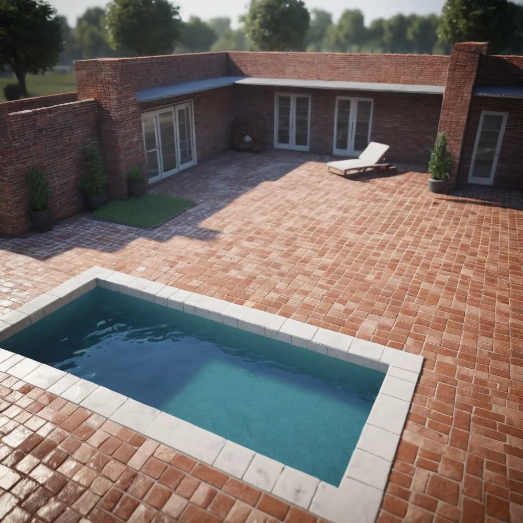 Prompt: a pool with a brick patio and a brick patio around it and a brick patio around it and a brick patio around it, Aquirax Uno, superflat, unreal engine highly rendered, a stock photo