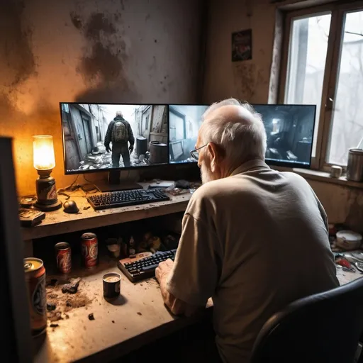Prompt: Old man from behind, play first person shooter video game on PC  monitor screen, keyboard, mouse food leftovers, beer rusty can, dirty filthy room