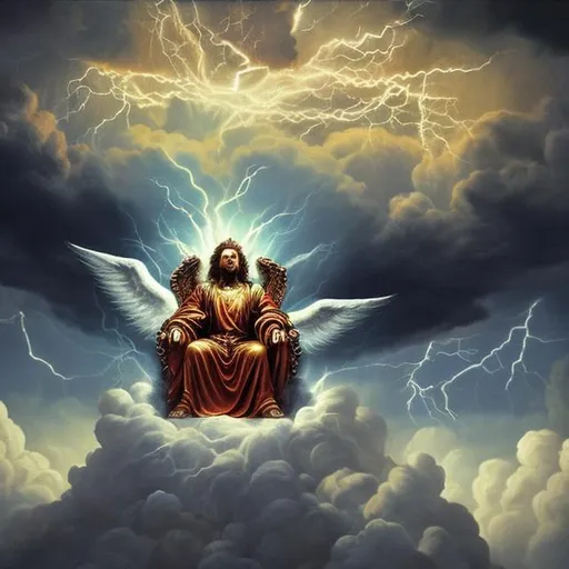 Prompt: God is sitting on His throne in the clouds, surrounded by thunder, lightning, and angels.