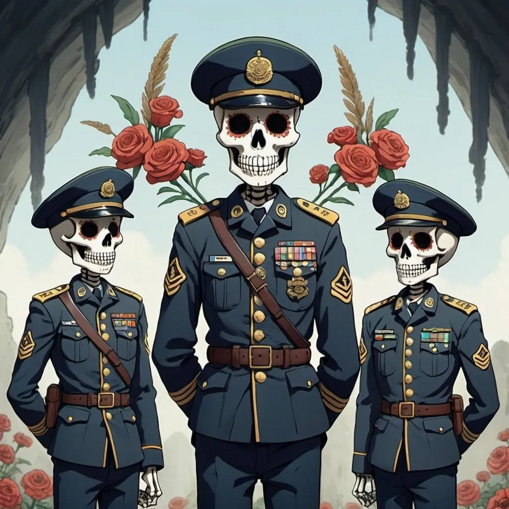 Prompt: 2d studio ghibli anime style, Day of the dead skeletons wearing military uniform