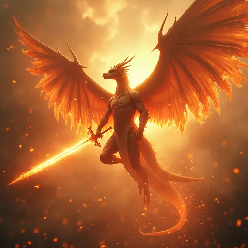 Prompt: (Dragon angel), majestic and fierce, (feathery angel wings) radiating illuminating light and fiery aura, (long glowing greatsword) shimmering with brilliance, dynamic pose, vibrant color tones of gold and red, melded with radiant white, fantasy-inspired background with ethereal clouds and flames, high depth detail, cinematic masterpiece, (4K), dramatic ambiance, evoking a sense of power and wonder.