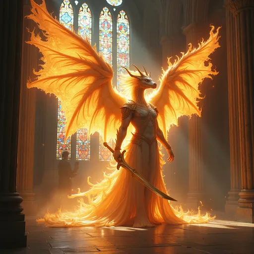 Prompt: (majestic dragon humanoid angel), (feathery angel wings), cloaked in radiant light and flames, wielding a long glowing greatsword, located in an imposing large cathedral, high vaulted ceilings, intricate stained glass windows casting colorful reflections, ethereal atmosphere, powerful presence, warm glowing colors, dramatic shadows, ultra-detailed, fantasy scene.