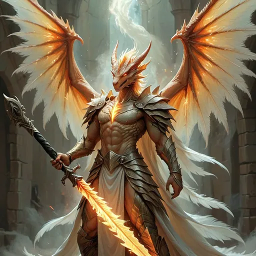 Prompt: Dragon humanoid angel with feathery angel wings cloaked in light and fire and wielding a long, glowing bright greatsword