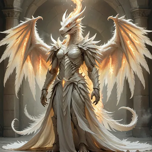 Prompt: Dragon humanoid angel with feathery angel wings cloaked in light and fire