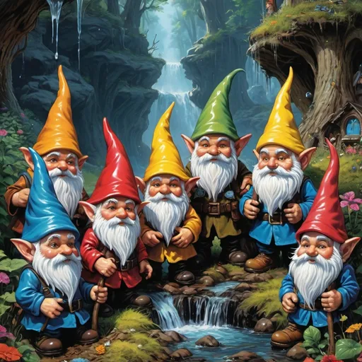 Prompt: Gnomes, 1980-style fantasy artwork, HD high resolution, highly detailed, vibrant colors, true blacks, color drip.