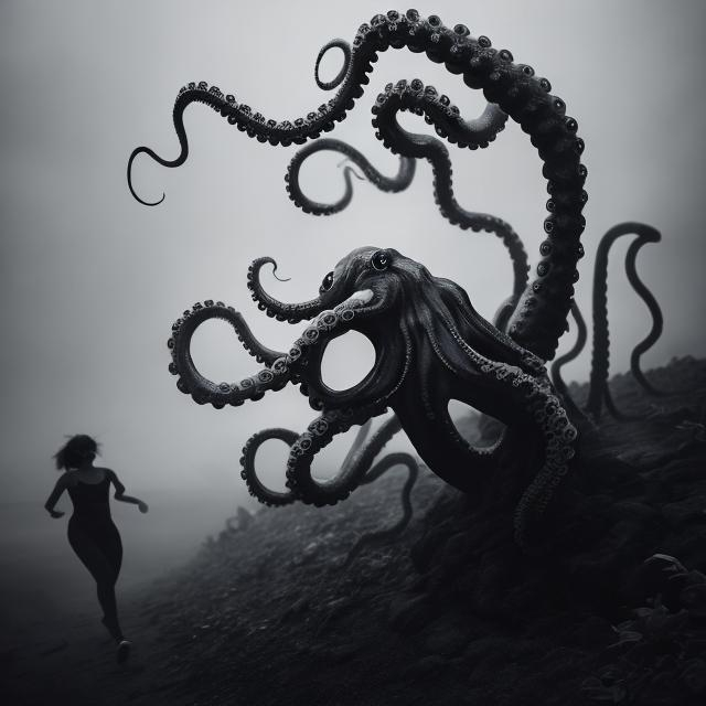 Prompt: Black and white image of tentacled monster in the mist with woman running away