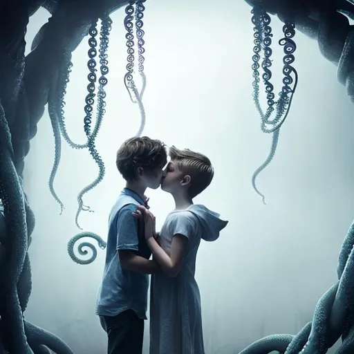 Prompt: boy ( 12) and girl ( 12) kissing in the mist as tentacle reaches for thumbtack and white drawing 