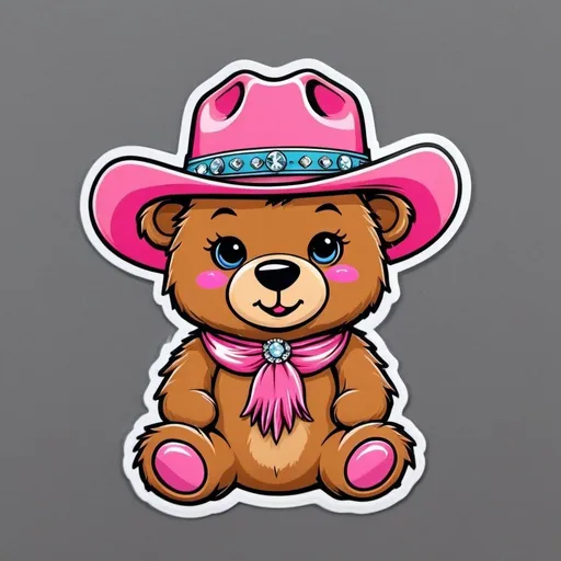 Prompt: cartoon teddy bear Chappell roan with a pink cowboy hat and fringe and rhinestones 