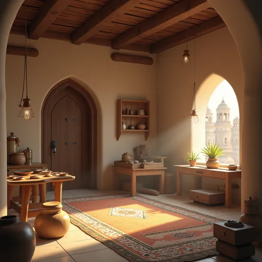 Prompt: Design a realistic image that contains an interactive presentation of handicraft workshops in the Sultanate of Oman.