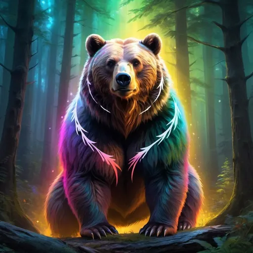 Prompt: Fantasy bear, digital painting, enchanting forest backdrop, mystical aura, glowing magical runes on fur, majestic and powerful stance, vibrant color palette, ethereal lighting, high quality, detailed fur, fantasy, mystical, digital painting, magical, vibrant colors, ethereal lighting