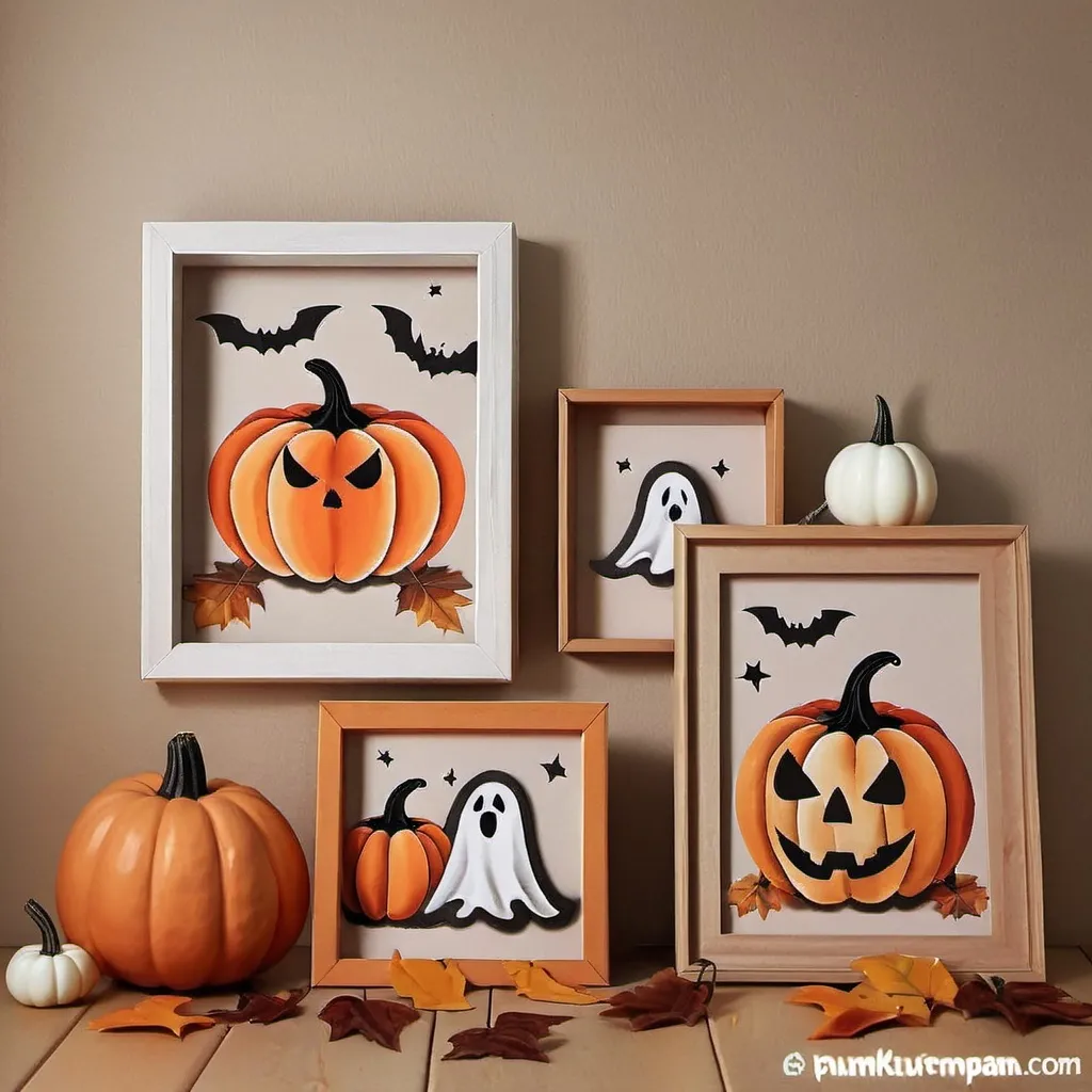 Prompt: helloween decorations with ghosts and pumkins