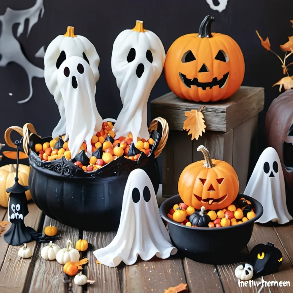 Prompt: helloween decorations with ghosts and pumkins