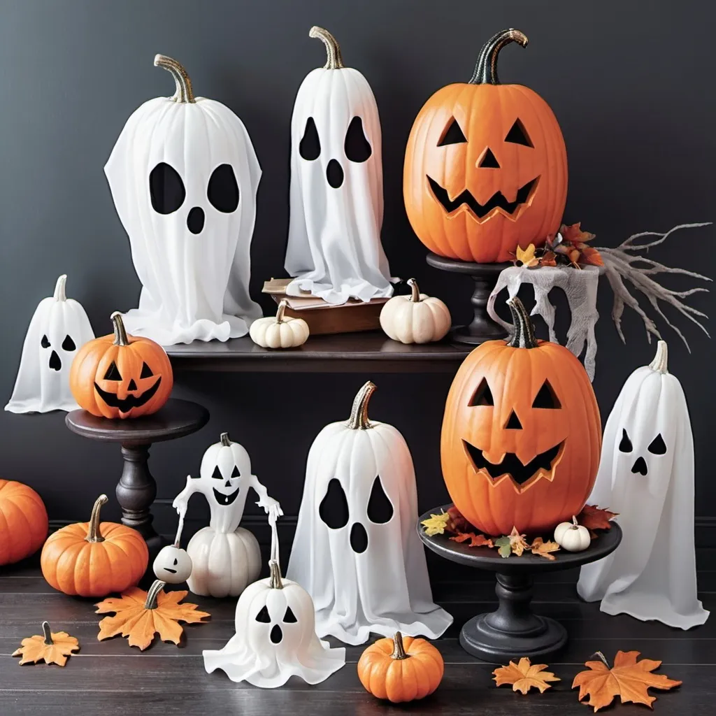 Prompt: helloween decorations with ghosts and pumkins