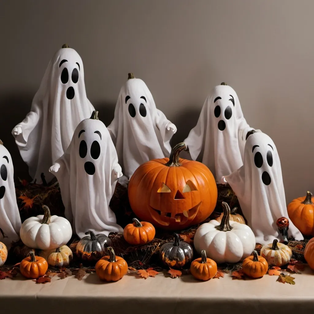 Prompt: helloween decorations with ghosts and pumkins