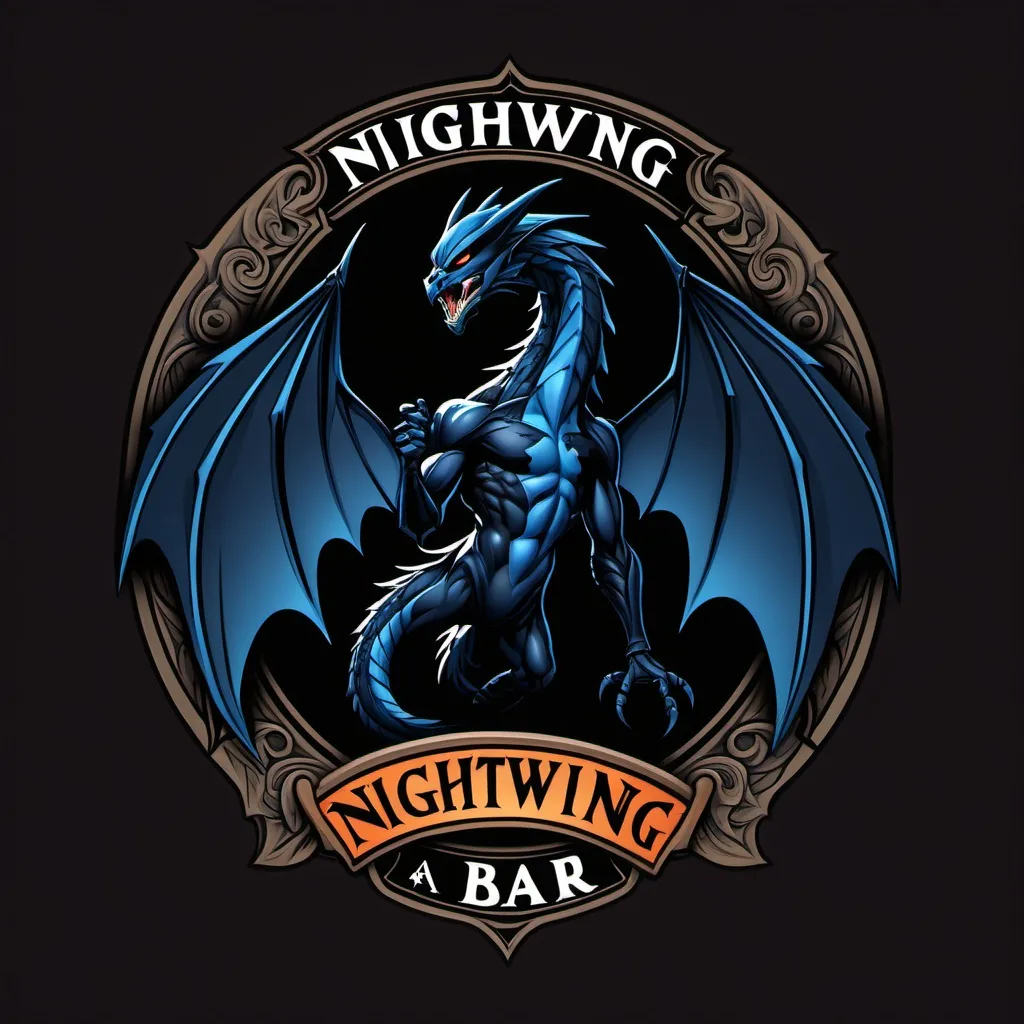 Prompt: A 16x9 logo for a bar called nightwing bar with a black dragon