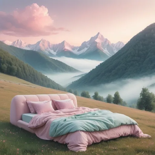 Prompt: a beautiful rolling mountainous dreamscape with a bed in the valley in pastel tones