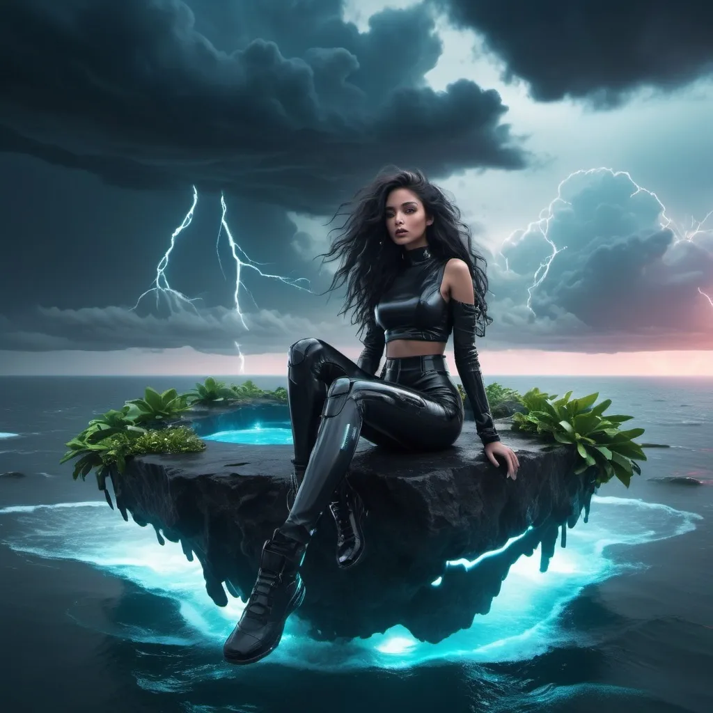 Prompt: girl with black wavy long hair & futuristic outfit sitting on a floating island above an ocean where it is beginning to thunder
