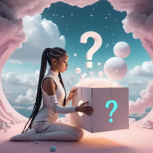 Prompt: a girl with one long black long braided ponytail and futuristic outfit opening a white box with a question mark on the top of it in a dreamscape environment with pastel tones