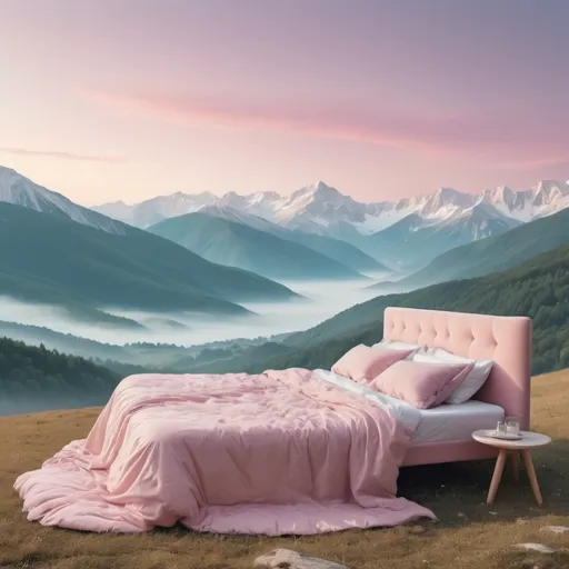 Prompt: a beautiful rolling mountainous dreamscape with a bed in the valley in pastel tones