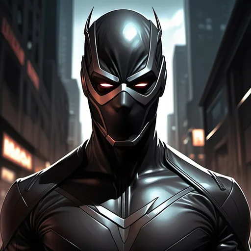 Prompt: (Man), (comic book style), (2D shaded illustration), sleek dark leather suit with subtle, tactical padding, imposing and mysterious appearance, dark mask covering entire face except for piercing eyes, dramatic shadows, bold lines, rich tones, dynamic pose, atmospheric background with dimly lit urban setting, high contrast, ultra-detailed artwork.