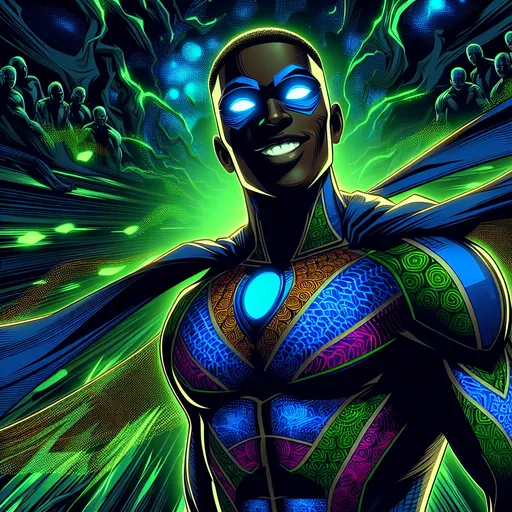 Prompt: comic art, (superhero), full body shot, (vibrant colorful costumes), smile, dark skin, glowing eyes, mesmerizing shapes in the background, (dynamic perspective), (cinematic atmosphere), deep blues and radiant greens, high contrast, (epic), ultra-detailed