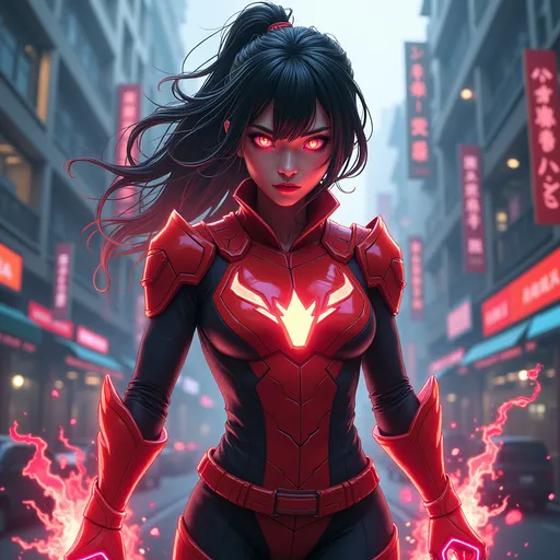 Prompt: comic art, (superhero), full body shot, asian, glowing eyes, detailed (vibrant colorful costume), city background, (dynamic perspective), (cinematic atmosphere), (high contrast, (epic), ultra-detailed