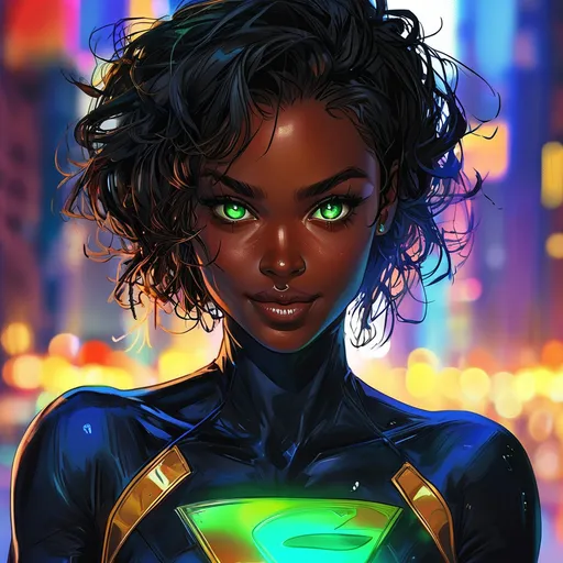 Prompt: comic art, (superhero), full body shot, (vibrant colorful costumes), smile, dark skin, glowing eyes, mesmerizing shapes in the background, (dynamic perspective), (cinematic atmosphere), deep blues and radiant greens, high contrast, (epic), ultra-detailed