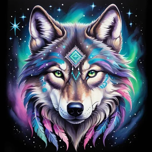 Prompt: in the style of realism, and surrealism create a tribal wolf with bold glowing tribal markings on face. in the background create an aurora borealis with galaxy palette, blues, pinks, purples, greens. add lots of silver stars to the sky