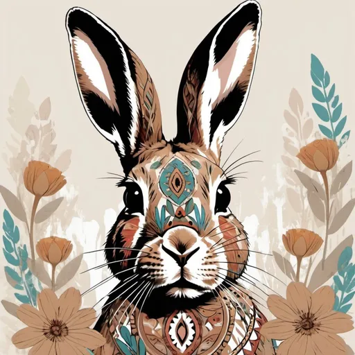 Prompt: In the style photo realism, and pop art create a boho inspired tribal rabbit surrounded by neutral tone abstract flowers. 

