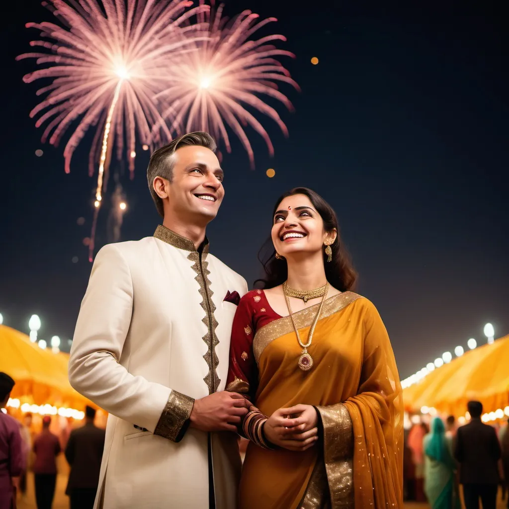 Prompt: a fair skin white man and woman, smiling in their 40s standing under a starry sky. night scene. city. with multiple amber color fireworks over their heads. low angle extremely  high perspective shot. high bottom up shot. the man is wearing a warm color sherwani. the woman is wearing a black saree with red blouse. smiling.  the woman is holding a diya in her hand. her eyes are black with eyeliner. red lipstick. Happy. Joyful mood. Festive environment.