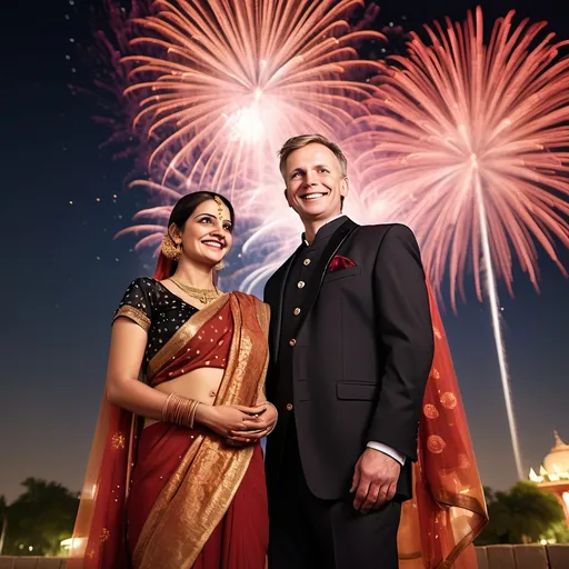 Prompt: a fair skin white man and woman, smiling in their 40s standing under a starry sky. night scene. city. with multiple organs red amber colors fireworks over their heads. low angle extremely  high perspective shot. high bottom up shot. the man is wearing a warm color sherwani. the woman is wearing a black saree with red blouse. smiling. her eyes are black with eyeliner. red lipstick. Happy. Joyful mood. Festive environment. they are both looking at the camera. holding hands.