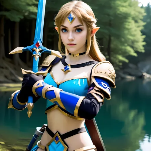 Prompt: Zelda wearing blue and black skimpy armor, holding the Master Sword, prowling near Lake Hylia from legend of Zelda, embodying beauty, use a lens that enhances her features in a soft yet vivid light, aiming for a mood that's uplifting and serene, with lighting that feels gentle and flattering. The color grading should enhance the natural warmth and depth of her features, spectacular scene with exceptional clarity in 8K