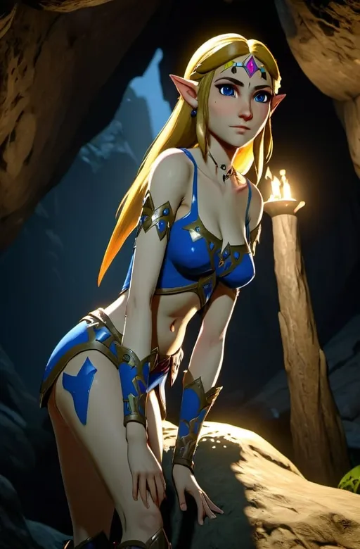 Prompt: Zelda wearing blue and black skimpy armor, big rear end, turned around, ambreen posterior, surrounded by goblins in a cave, embodying beauty, uplifting and serene, with lighting that feels gentle and flattering. The color grading should enhance the natural warmth and depth of her features, spectacular scene with exceptional clarity, unreal engine, UHD, 64K, HDR, HD, Highly detailed, professional, trending on artstation