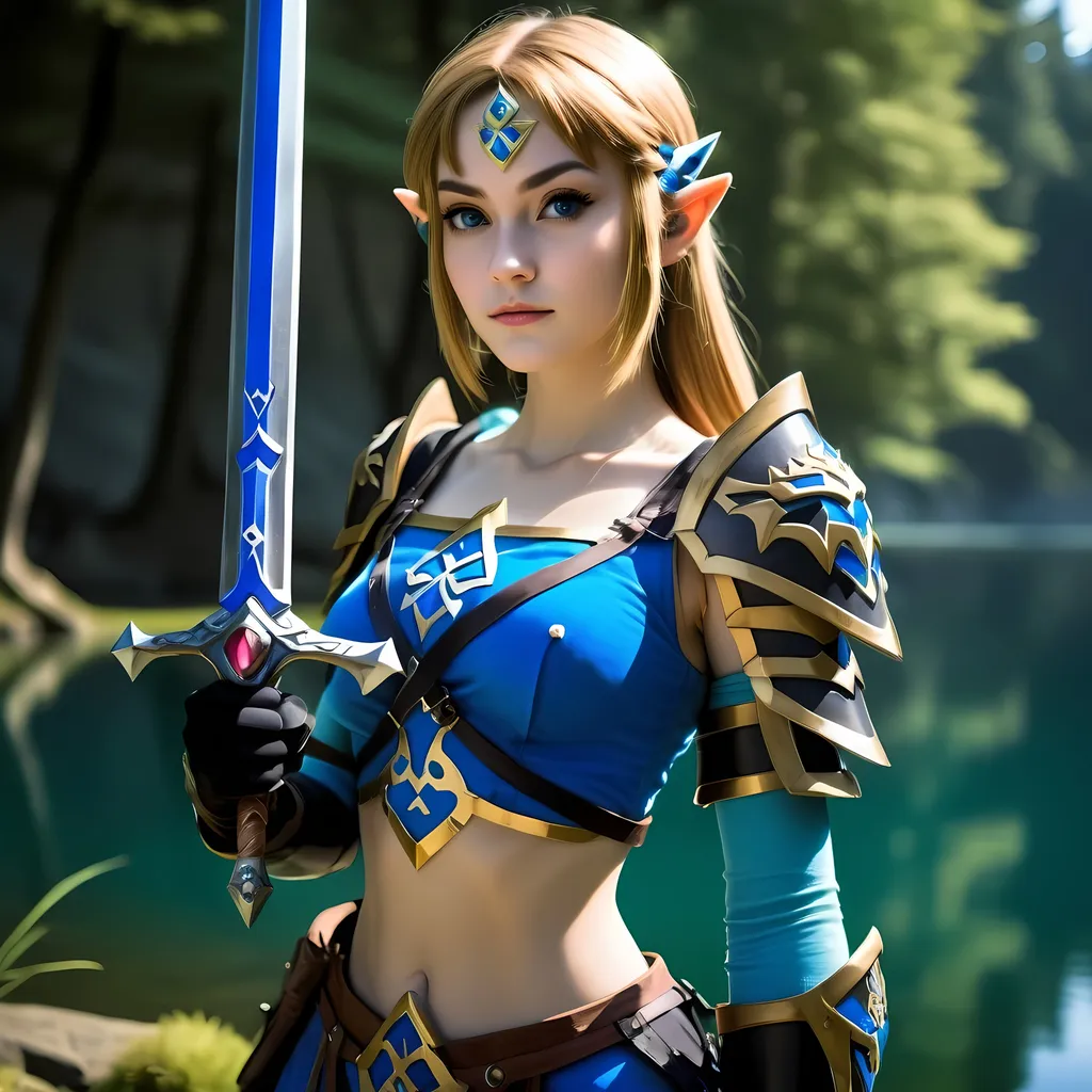 Prompt: Zelda wearing blue and black skimpy armor, holding the Master Sword, prowling near Lake Hylia from legend of Zelda, embodying beauty, use a lens that enhances her features in a soft yet vivid light, aiming for a mood that's uplifting and serene, with lighting that feels gentle and flattering. The color grading should enhance the natural warmth and depth of her features, spectacular scene with exceptional clarity in 8K