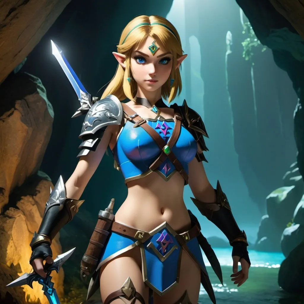 Prompt: Zelda wearing blue and black skimpy armor, holding the Master Sword, surrounded by goblins in a cave, embodying beauty, use a lens that enhances her features in a soft yet vivid light, aiming for a mood that's uplifting and serene, with lighting that feels gentle and flattering. The color grading should enhance the natural warmth and depth of her features, spectacular scene with exceptional clarity, unreal engine, UHD, 64K, HDR, HD, Highly detailed, professional, trending on artstation