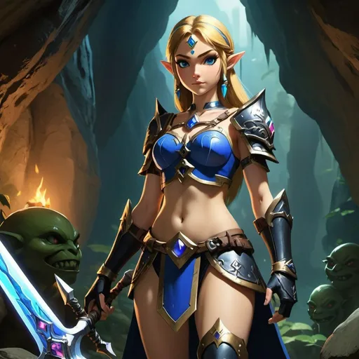 Prompt: Zelda wearing blue and black skimpy armor, big rear end, turned around, ambreen posterior, holding the Master Sword, surrounded by goblins in a cave, embodying beauty, use a lens that enhances her features in a soft yet vivid light, aiming for a mood that's uplifting and serene, with lighting that feels gentle and flattering. The color grading should enhance the natural warmth and depth of her features, spectacular scene with exceptional clarity, unreal engine, UHD, 64K, HDR, HD, Highly detailed, professional, trending on artstation