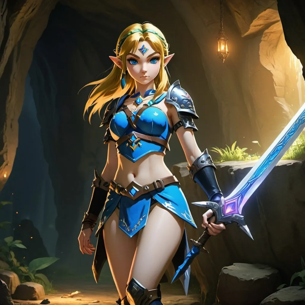 Prompt: Zelda wearing blue and black skimpy armor, big rear end, turned around, holding the Master Sword, surrounded by goblins in a cave, embodying beauty, use a lens that enhances her features in a soft yet vivid light, aiming for a mood that's uplifting and serene, with lighting that feels gentle and flattering. The color grading should enhance the natural warmth and depth of her features, spectacular scene with exceptional clarity, unreal engine, UHD, 64K, HDR, HD, Highly detailed, professional, trending on artstation