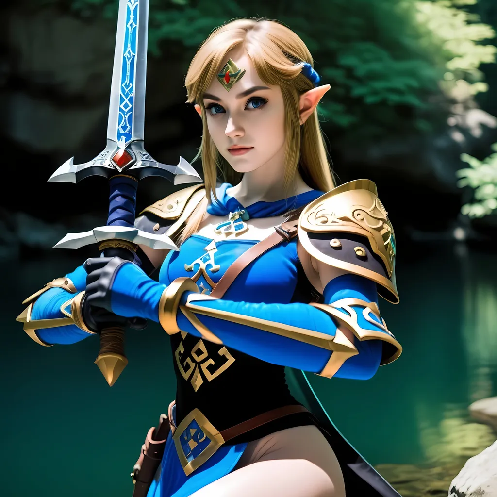 Prompt: Zelda wearing blue and black skimpy armor, holding the Master Sword, prowling near Lake Hylia from legend of Zelda, embodying beauty, use a lens that enhances her features in a soft yet vivid light, aiming for a mood that's uplifting and serene, with lighting that feels gentle and flattering. The color grading should enhance the natural warmth and depth of her features, spectacular scene with exceptional clarity in 8K