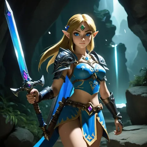 Prompt: Zelda wearing blue and black skimpy armor, holding the Master Sword, surrounded by goblins in a cave, embodying beauty, use a lens that enhances her features in a soft yet vivid light, aiming for a mood that's uplifting and serene, with lighting that feels gentle and flattering. The color grading should enhance the natural warmth and depth of her features, spectacular scene with exceptional clarity, unreal engine, UHD, 64K, HDR, HD, Highly detailed, professional, trending on artstation