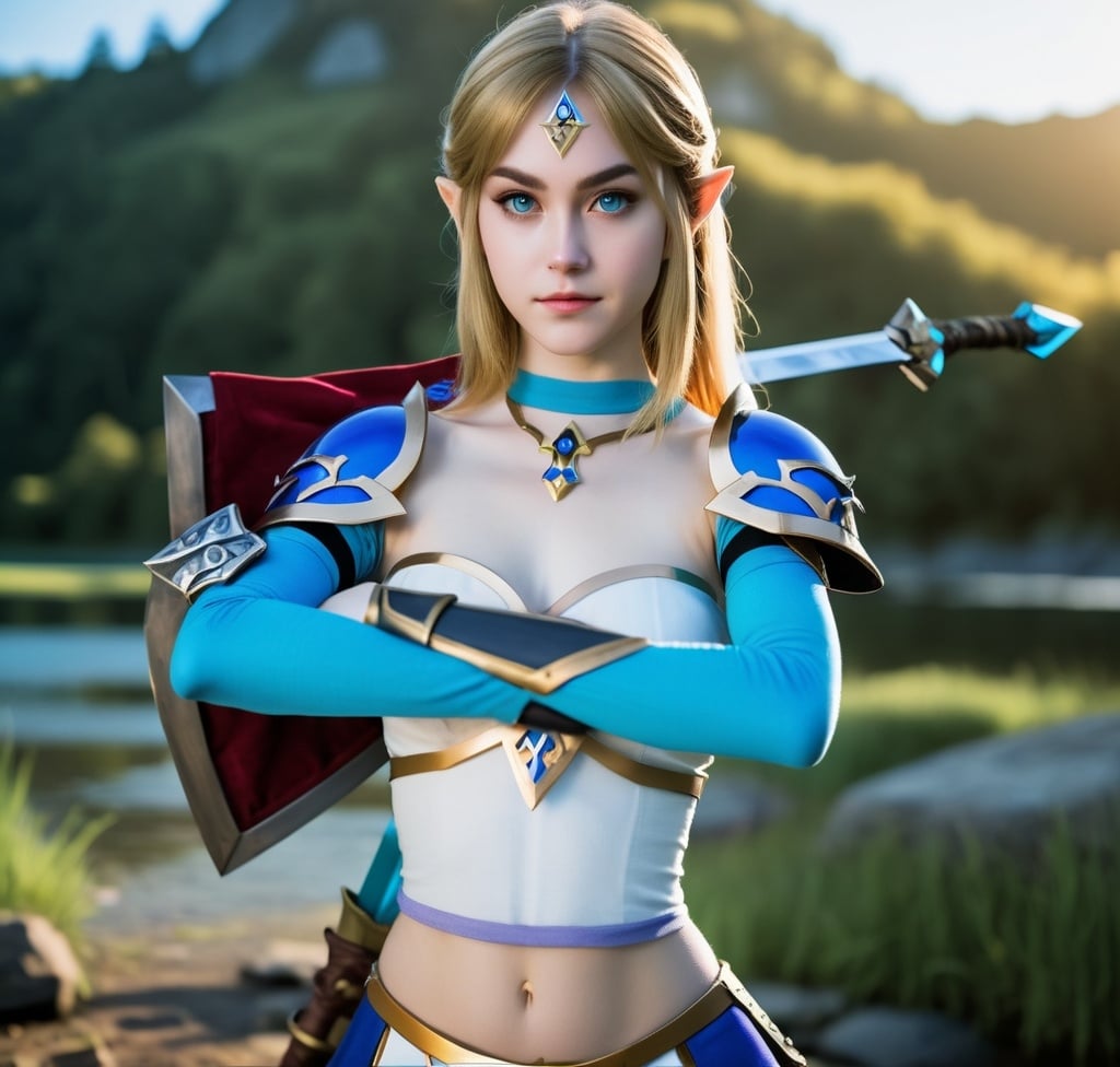 Prompt: Zelda wearing blue and black skimpy armor, holding the Master Sword, prowling near Lake Hylia from legend of Zelda, embodying beauty, use a lens that enhances her features in a soft yet vivid light, aiming for a mood that's uplifting and serene, with lighting that feels gentle and flattering. The color grading should enhance the natural warmth and depth of her features, spectacular scene with exceptional clarity in 8K