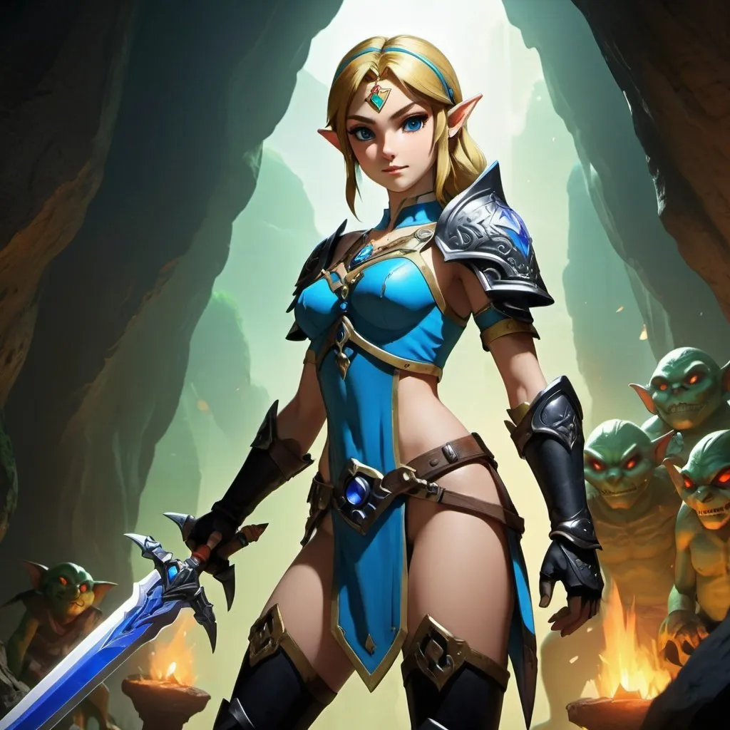 Prompt: Zelda wearing blue and black skimpy armor, big rear end, turned around, ambreen posterior, holding the Master Sword, surrounded by goblins in a cave, embodying beauty, use a lens that enhances her features in a soft yet vivid light, aiming for a mood that's uplifting and serene, with lighting that feels gentle and flattering. The color grading should enhance the natural warmth and depth of her features, spectacular scene with exceptional clarity, unreal engine, UHD, 64K, HDR, HD, Highly detailed, professional, trending on artstation