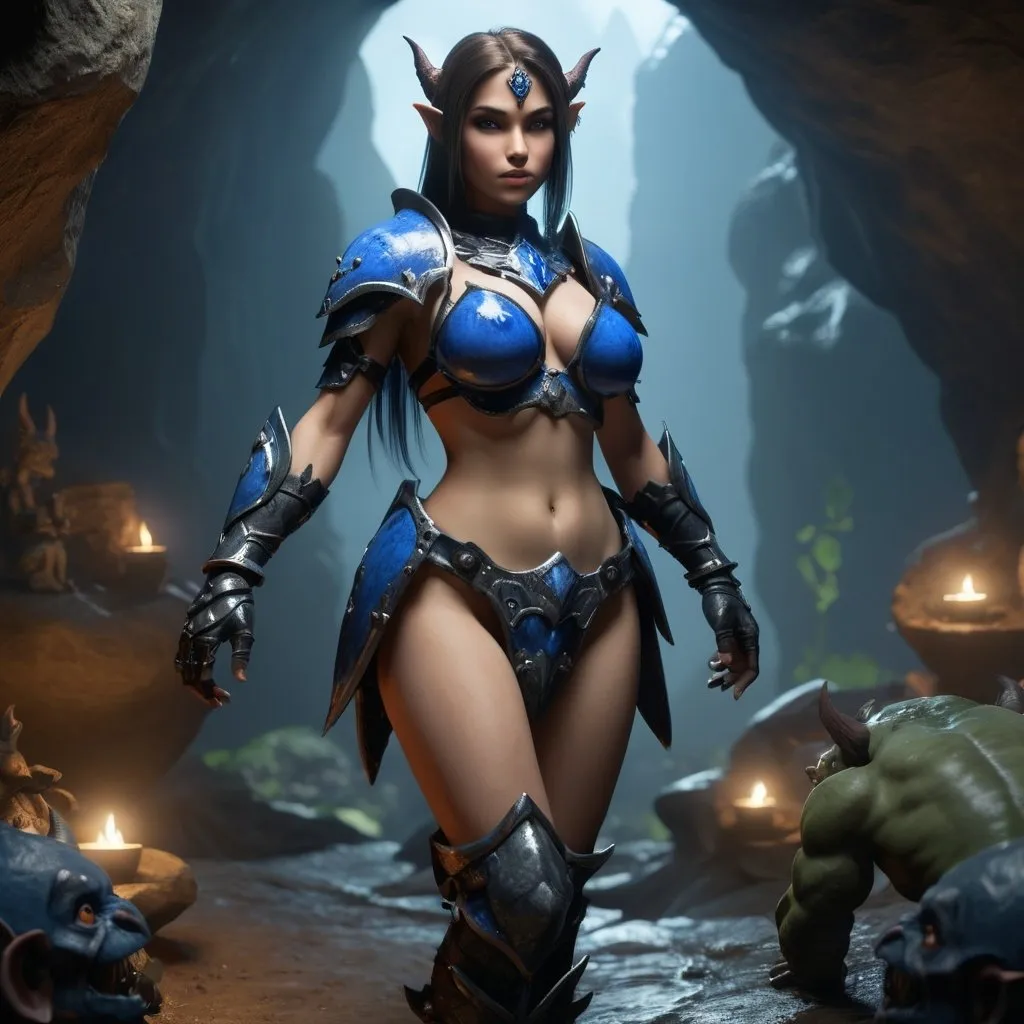 Prompt: Zelda wearing blue and black skimpy armor, big rear end, turned around, ambreen posterior, surrounded by goblins in a cave, embodying beauty, uplifting and serene, with lighting that feels gentle and flattering. The color grading should enhance the natural warmth and depth of her features, spectacular scene with exceptional clarity, unreal engine, UHD, 64K, HDR, HD, Highly detailed, professional, trending on artstation