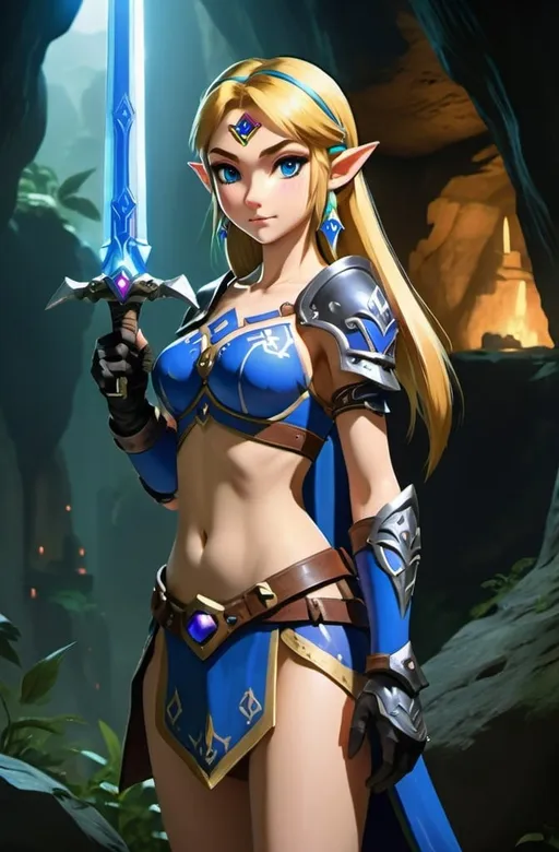 Prompt: Zelda wearing blue and black skimpy armor, big rear end, turned around, holding the Master Sword, surrounded by goblins in a cave lifting up her skirt, embodying beauty, use a lens that enhances her features in a soft yet vivid light, aiming for a mood that's uplifting and serene, with lighting that feels gentle and flattering. The color grading should enhance the natural warmth and depth of her features, spectacular scene with exceptional clarity, unreal engine, UHD, 64K, HDR, HD, Highly detailed, professional, trending on artstation