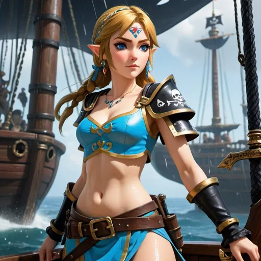 Prompt: Zelda sweating heavily wearing blue and black skimpy armor, big rear end showing, holding the Master Sword, surrounded by pirates on a pirate ship, raining embodying beauty, use a lens that enhances her features in a soft yet vivid light, aiming for a mood that's uplifting and serene, with lighting that feels gentle and flattering. The color grading should enhance the natural warmth and depth of her features, spectacular scene with exceptional clarity, unreal engine, UHD, 64K, HDR, HD, Highly detailed, professional, trending on artstation