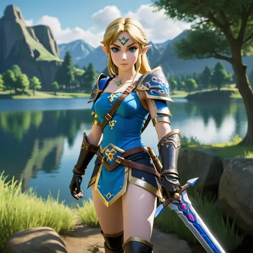 Prompt: Zelda wearing blue and black skimpy armor, holding the Master Sword, prowling near Lake Hylia from legend of Zelda, embodying beauty, use a lens that enhances her features in a soft yet vivid light, aiming for a mood that's uplifting and serene, with lighting that feels gentle and flattering. The color grading should enhance the natural warmth and depth of her features, spectacular scene with exceptional clarity, unreal engine, UHD, 64K, HDR, HD, Highly detailed, professional, trending on artstation