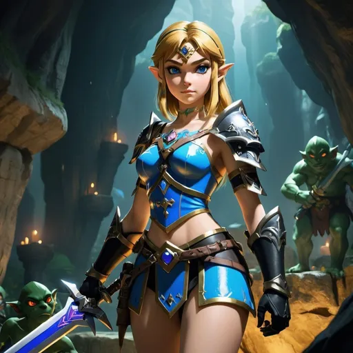 Prompt: Zelda wearing blue and black skimpy armor, holding the Master Sword, surrounded by goblins in a cave, embodying beauty, use a lens that enhances her features in a soft yet vivid light, aiming for a mood that's uplifting and serene, with lighting that feels gentle and flattering. The color grading should enhance the natural warmth and depth of her features, spectacular scene with exceptional clarity, unreal engine, UHD, 64K, HDR, HD, Highly detailed, professional, trending on artstation