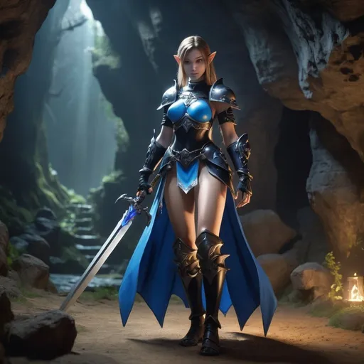 Prompt: Zelda wearing blue and black skimpy armor, big rear end, turned around, holding the Master Sword, surrounded by goblins in a cave lifting up her skirt from behind, embodying beauty, use a lens that enhances her features in a soft yet vivid light, aiming for a mood that's uplifting and serene, with lighting that feels gentle and flattering. The color grading should enhance the natural warmth and depth of her features, spectacular scene with exceptional clarity, unreal engine, UHD, 64K, HDR, HD, Highly detailed, professional, trending on artstation