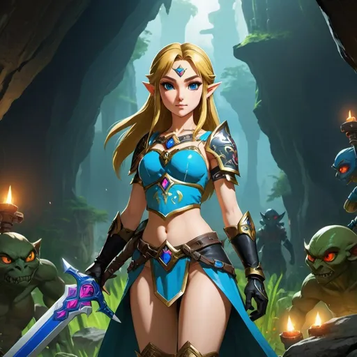 Prompt: Zelda wearing blue and black skimpy armor, big rear end, turned around, holding the Master Sword, surrounded by goblins in a cave, embodying beauty, use a lens that enhances her features in a soft yet vivid light, aiming for a mood that's uplifting and serene, with lighting that feels gentle and flattering. The color grading should enhance the natural warmth and depth of her features, spectacular scene with exceptional clarity, unreal engine, UHD, 64K, HDR, HD, Highly detailed, professional, trending on artstation